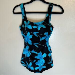 Vintage One Piece Swimsuit Black and Blue Floral Skirt